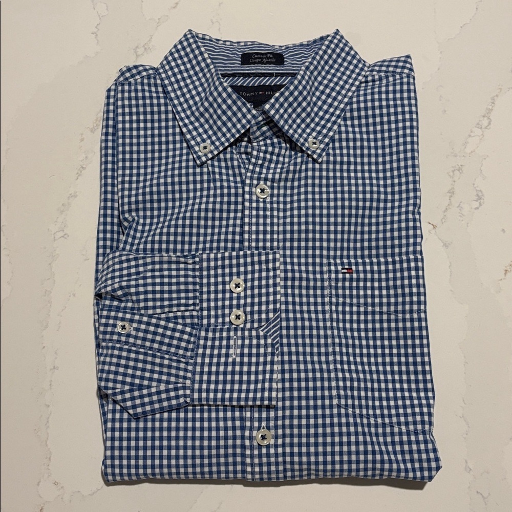 Tommy Hilfiger Button Down Plaid Shirt, blue and White, size Medium
